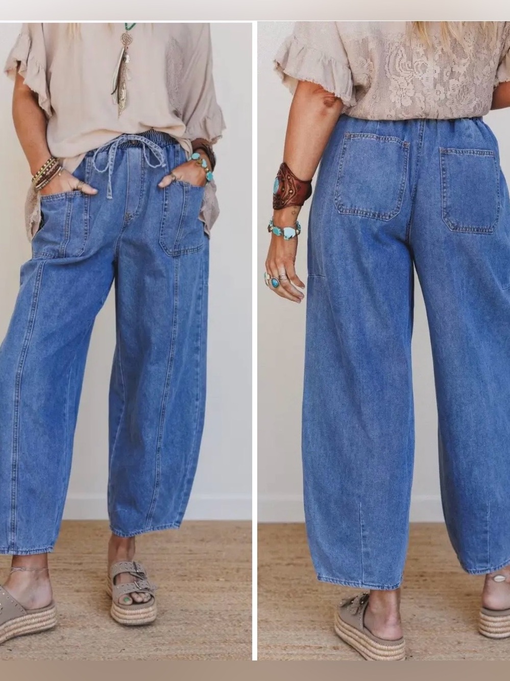 BNWT Three Bird Nest Boutique Sudden Spark Drawstring Barrel Jeans - Denim - M